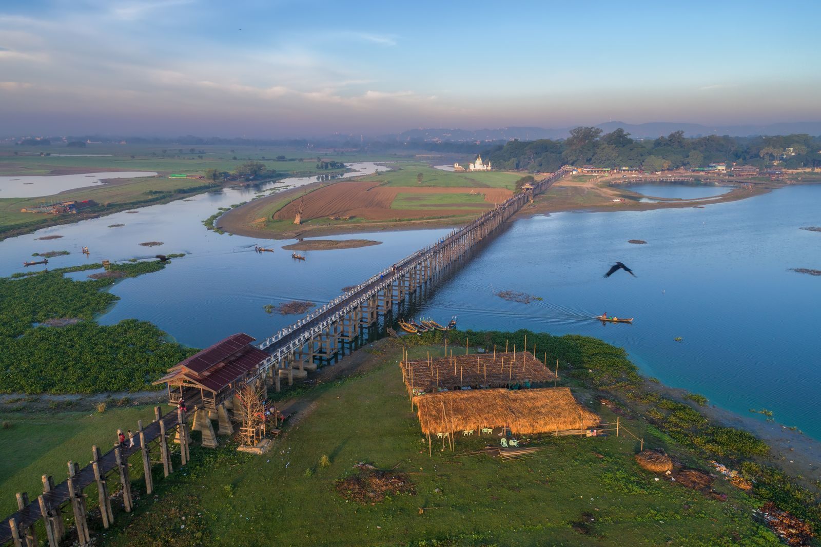 Aerial view of the teak U Bein Bridge crossing Taungthaman Lake near Mandalay